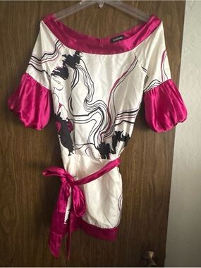 Bebe Silk Hot Pink and White Abstract Puff-Sleeve Mini Dress